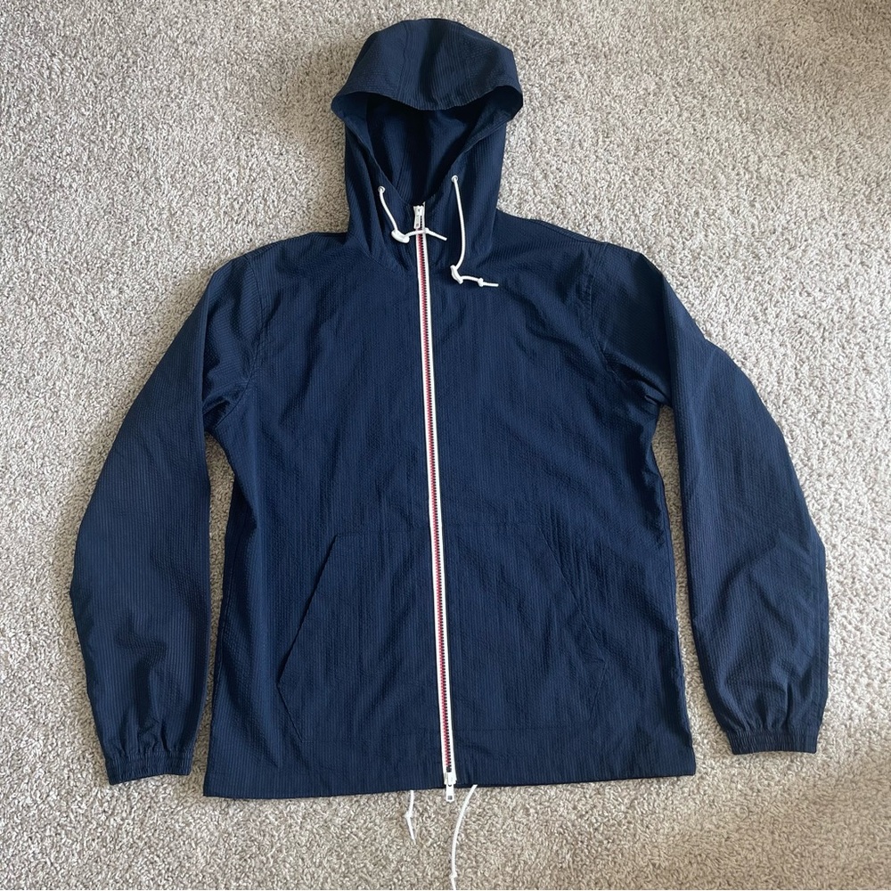 BEAMs Japan Seersucker Front Zip Lightweight Hooded Striped Jacket